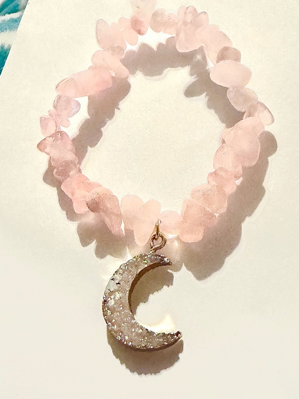 Rose Quartz Bead Druzy Moon Charm Bracelet